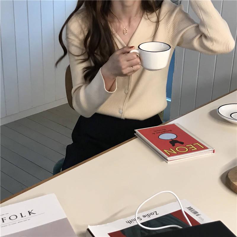 Autumn New Solid Color Inside Knit Cardigan Jacket Women's Loose Wild Long Sleeve V-neck Shirt