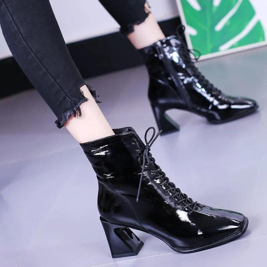 Women's Spring and Autumn High Heel Boots Plus Size Solid Color Non Slip Short Martin Boots Square Head Painted Leather Boots