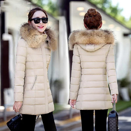 Down Jacket Winter Ladies Fashion Korean Big Fur Collar Thick Warm Hooded Mid-length Plus Size Cotton Jacket