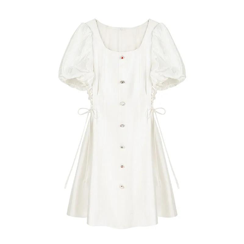 White Dress Women's Summer Dress with Square Neckline Waist and Thin Temperament French Bellflower Dress