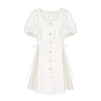 White Dress Women's Summer Dress with Square Neckline Waist and Thin Temperament French Bellflower Dress