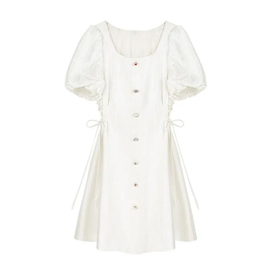 White Dress Women's Summer Dress with Square Neckline Waist and Thin Temperament French Bellflower Dress