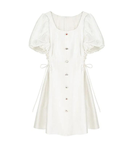 White Dress Women's Summer Dress with Square Neckline Waist and Thin Temperament French Bellflower Dress