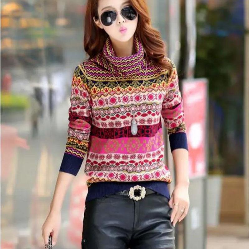 Vintage Print Turtleneck Sweater Women Thick Slim Pullover Sweater Heaps Collar Knitwear  Bottoming/outwear