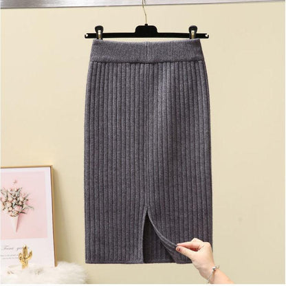 Women Split Knitted Skirt Long Bag Hip Bodycon Skirt Elastic Knitting Maxi Pencil Skirt Female