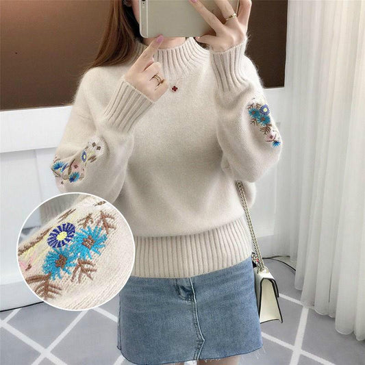 Autumn and Winter Sweater Print Wild Long-sleeved Warm Sweater Turtleneck Sweater Thickening Female