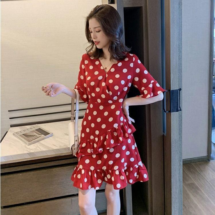 Women's Summer Korean Elegant Medium Length V-neck Wave Point Ruffle Waist Retro Slim Dress