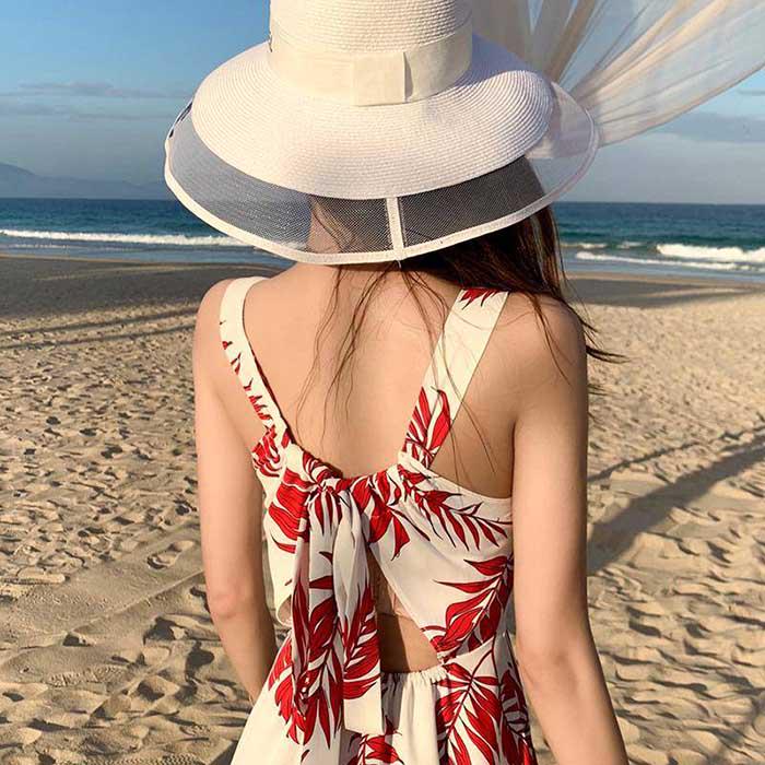 Pofulove Summer Women Red Leaf Sexy Dress Bohemia Sun-dresses Sleeveless Below Knee Beach Dresses