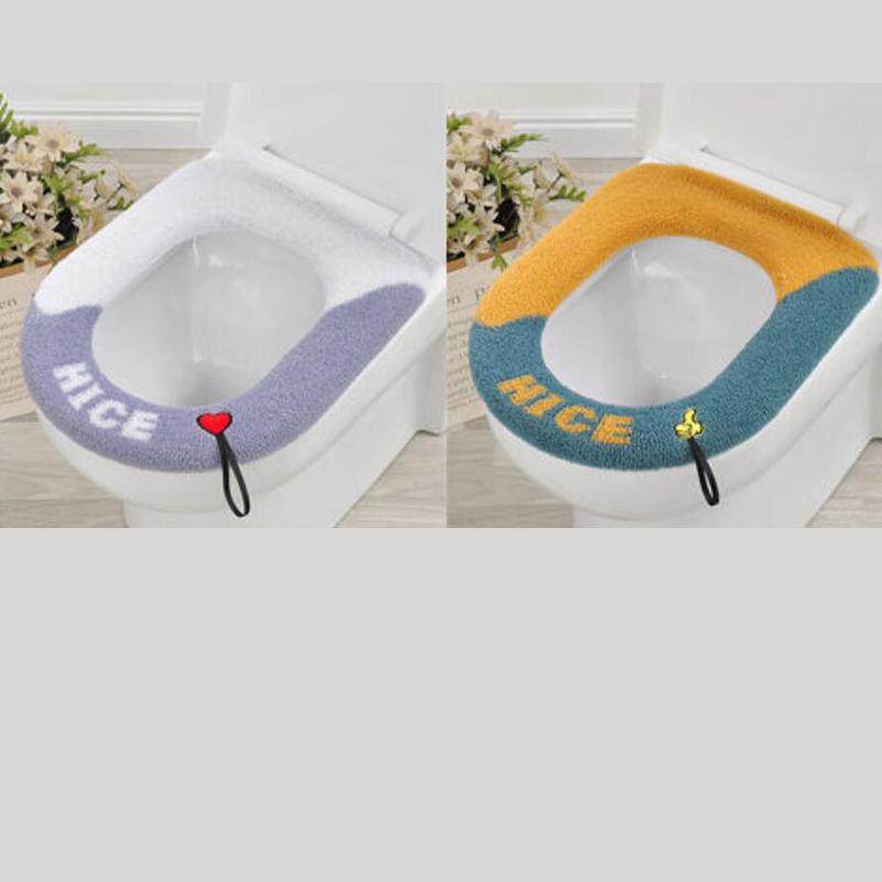 2 Pcs Toilet Seat Covers Mat Winter Thickened Fleece Warm Toilet Cushion Soft Washable Home Bathroom Lavatory Nordic Toilet Seat Pad with Handle