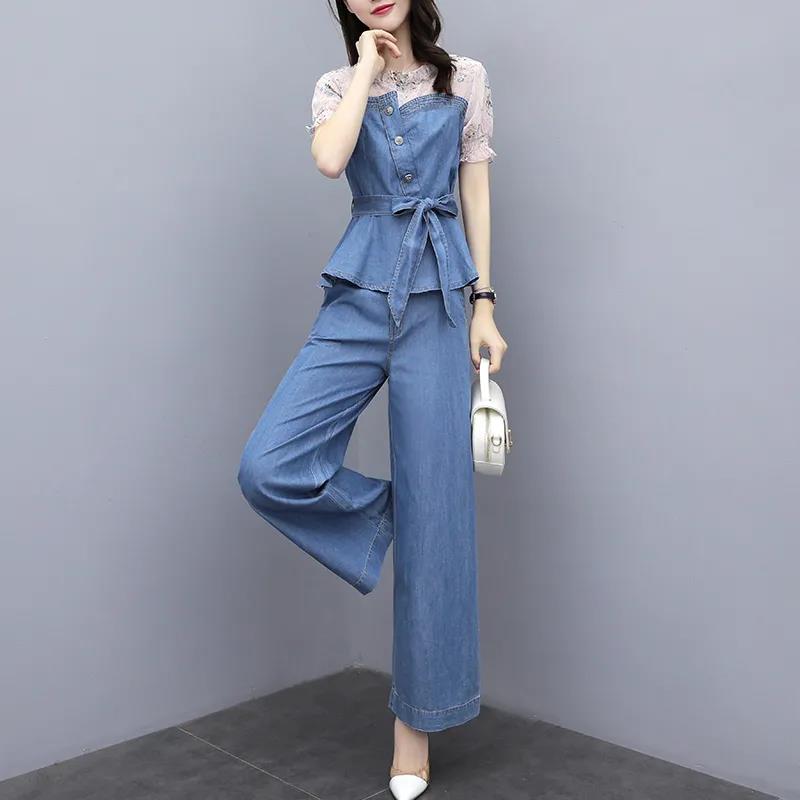 Cowboy Wide-leg Pants Suit Women's Temperament Age Reduction Two-piece Short-sleeved Denim Jacket + Denim Wide-leg Ladies Temperament Elegant Suit