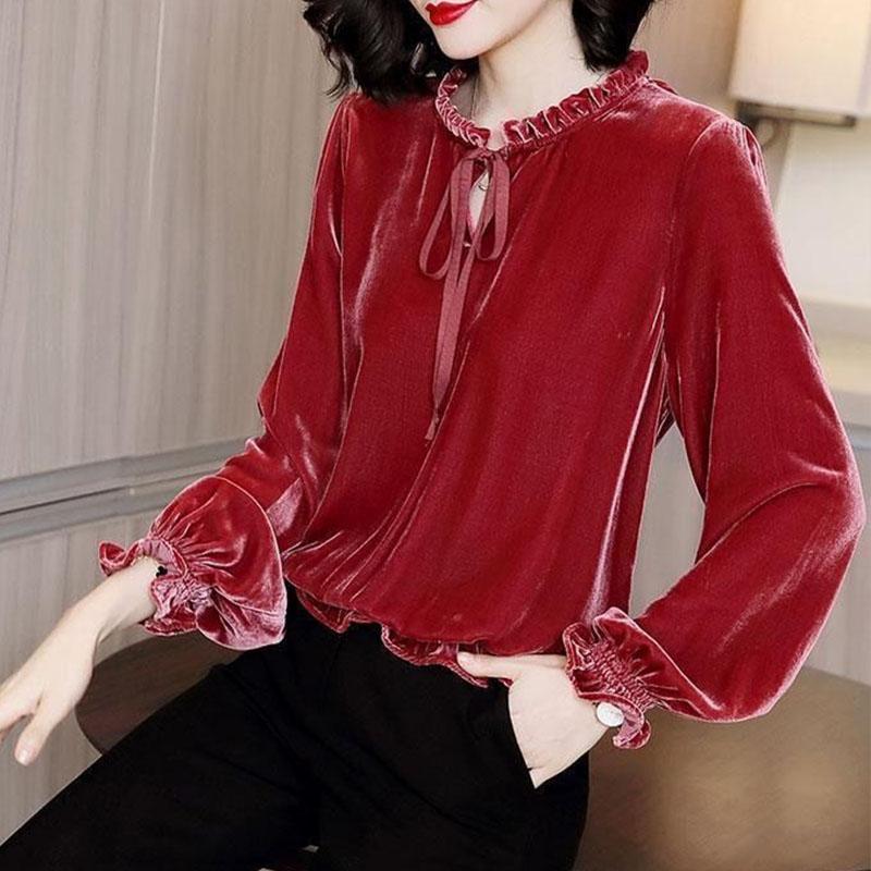 Autumn Spring Women Blouse Velvet Shirts Tops Vintage Long-sleeved Bow Ruffled Blouses Casual Loose Ladies Tops Female Clothes Pullover