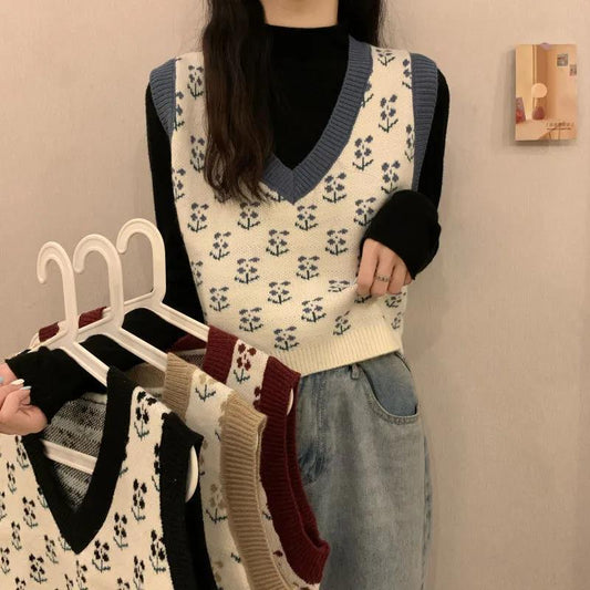 Sweater Vest Women Vintage Sleeveless Knitted Crop Tops Girls Patchwork Flowers Spring Simple Casual V-neck Japanese Style Chic