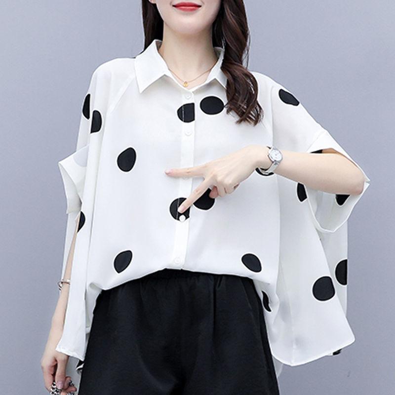 Set Polka Dot Large Size Loose Thin Temperament Shorts Two-piece Polka Dot Loose Large Size Shirt + Black Shorts Elegant Temperament