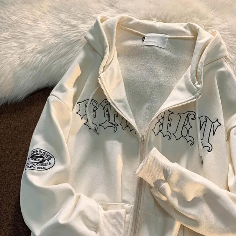 Retro Letter Embroidery Hooded Cardigan Sweater Men Hiphop Street Loose Sweater Cardigan Coat Ladies Casual Zipper Top