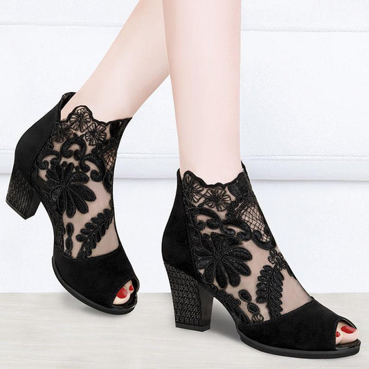 Sandals Female Fish Mouth Shoes Mid-heeled Large Size Sandals Breathable Mesh Shoes Ladies Lace High Heels Sexy All-match