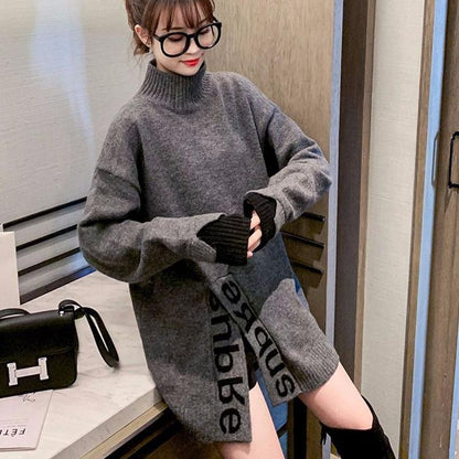 Autumn and Winter Half High Neck Mid-length Sweater Loose Casual Pullover Top Fashion Knitted Women Sweater