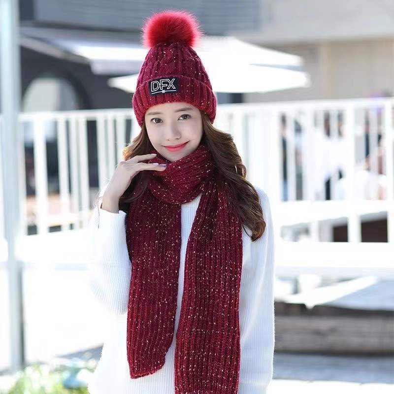 Women's Winter Hat Knitted Woolen Hat Scarf Two-piece Set Korean Version All-match Warm Velvet Fur Ball Cap Solid Soft Knitting Top Hat Scarf Warm Set