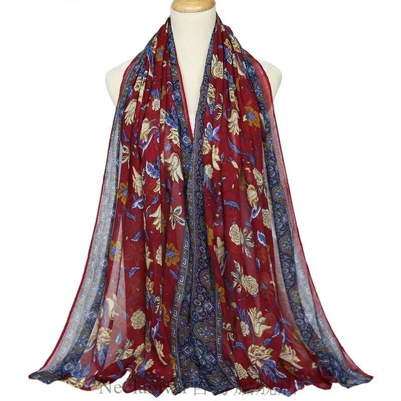 180*90 Huge Size Ethnic Style Warm Scarf for Women Autumn and Winter Print Shawl Scarf Cotton and Linen Sunscreen Silk Scarf Floral Thin Tulle Scarves