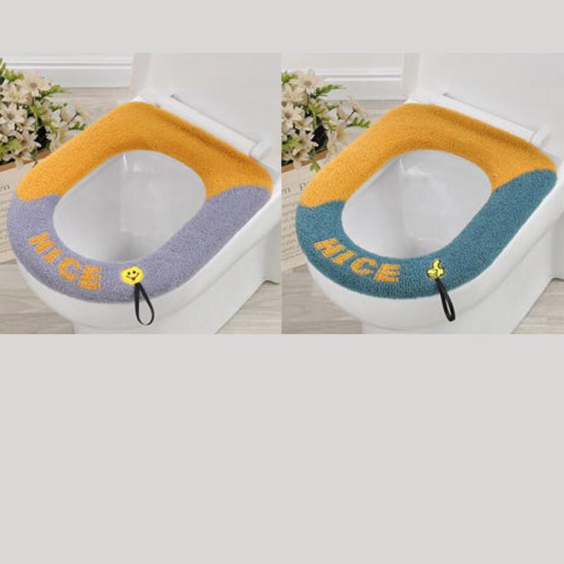 2 Pcs Toilet Seat Covers Mat Winter Thickened Fleece Warm Toilet Cushion Soft Washable Home Bathroom Lavatory Nordic Toilet Seat Pad with Handle