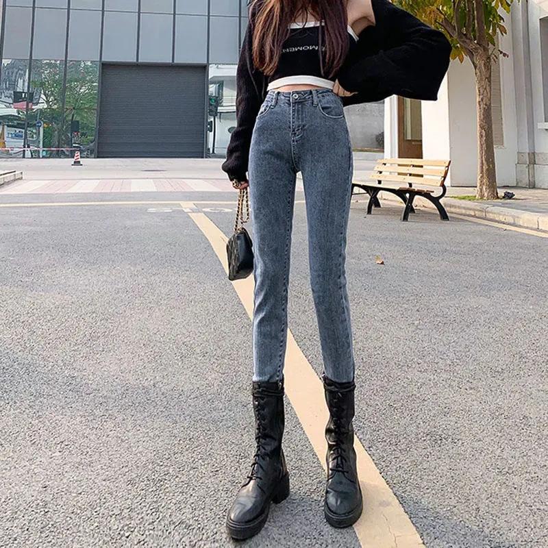 Blue Jeans Women's High Waist Autumn Thin Section Slim Fit and Thin Elastic Leggings Pencil Pants Student Raw Edge Nine-point Pencil Pants