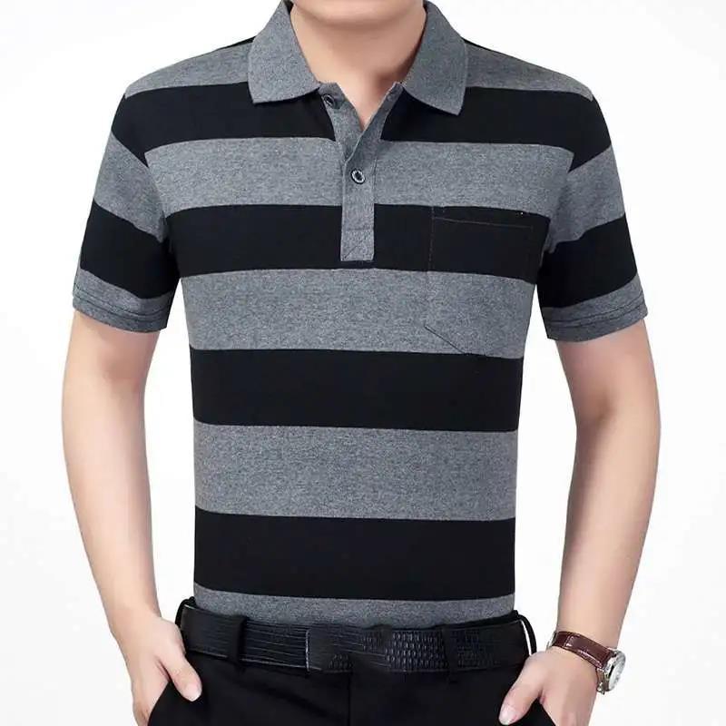 Summer Short-sleeved T-shirt Male Middle-aged Striped Dad Outfit Lapel    Shirt Loose Half-sleeved Shirt with Real Pockets