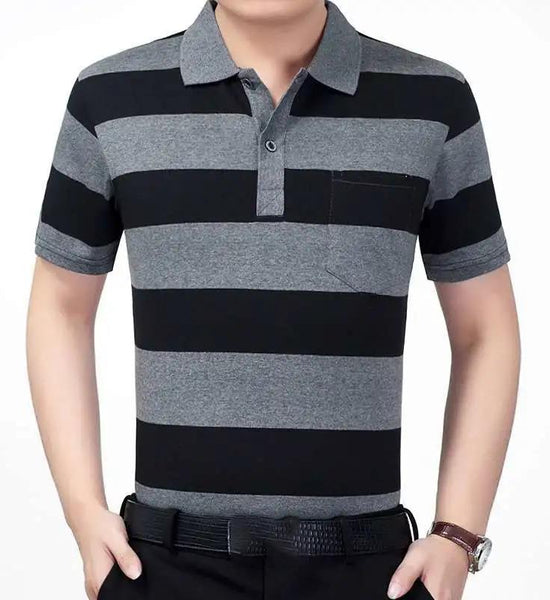 Summer Short-sleeved T-shirt Male Middle-aged Striped Dad Outfit Lapel    Shirt Loose Half-sleeved Shirt with Real Pockets