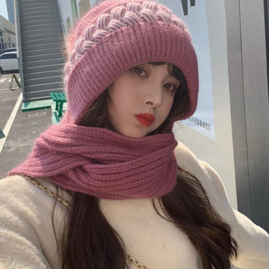 Women's One-piece Hat and Scarf Autumn and Winter Korean All-match Sweet Thick Warm Wool Knitted Hat Warm Knit Beanie Fur Pom Hat Scarf Crochet Cap