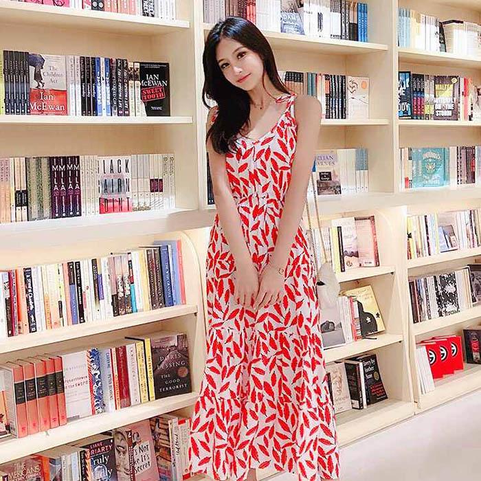 Pofulove S-2XL Women Printed Chiffon Sling Dress Slim A-line Sun-dresses Long Bohemian Beach Dresses