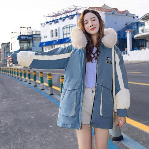 Winter Plus Velvet Padded Cotton Jacket Women's Mid-length Color Matching Korean Loose Waist Parkas Cotton Jacket