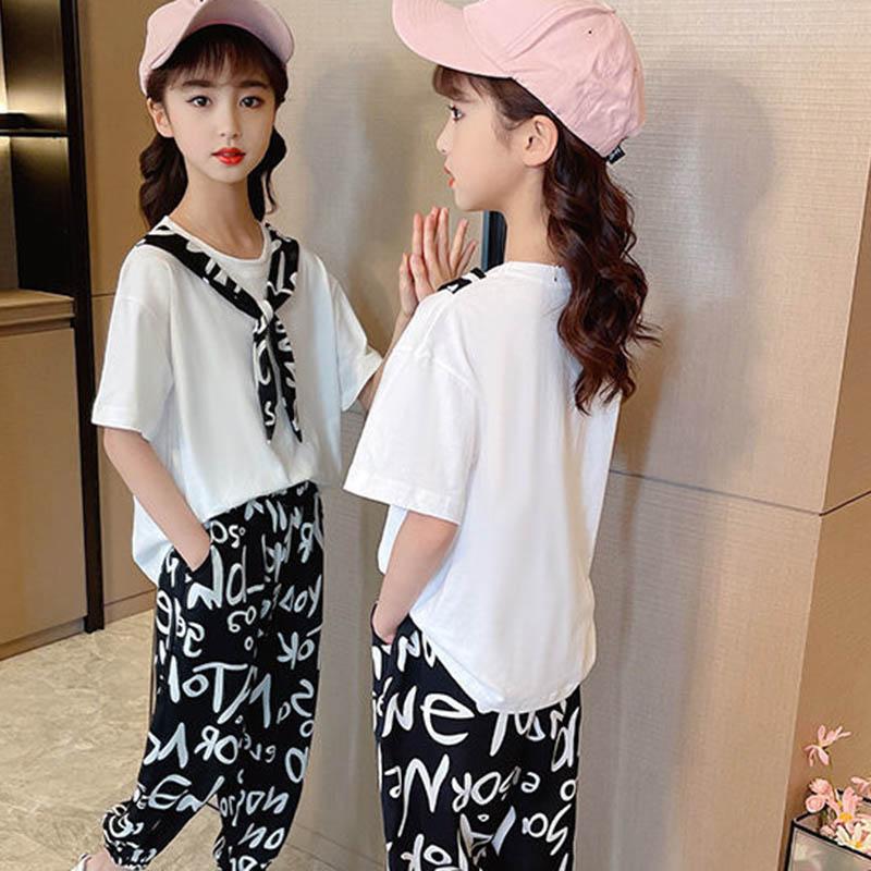 Girls Summer Suits Children's Short-sleeved Nine-point Trousers Anti-mosquito Pants Thin Comfortable and Loose Two-piece Set