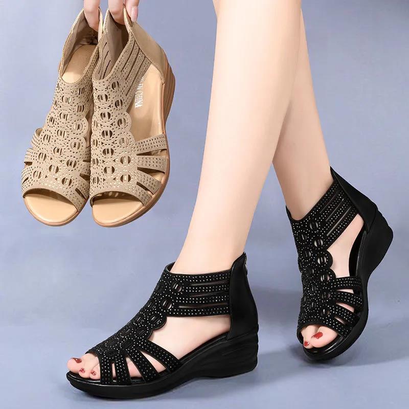 Sandals Women's Summer Slope with Roman Rhinestone Fish Mouth Comfortable Women's Soft-soled Open-toe Sandals Women's High-heeled Sandals