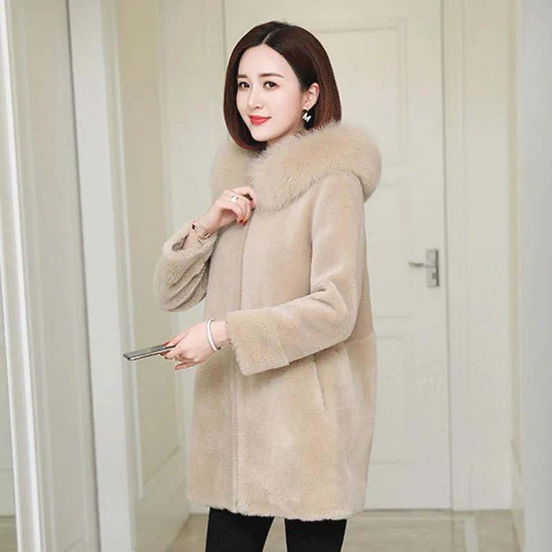 Fur Fox Fur Collar Jacket Female Grain Wool Sheep Shearing Fleece Autumn and Winter Warm Hooded Thick Plus Cotton Loose Top