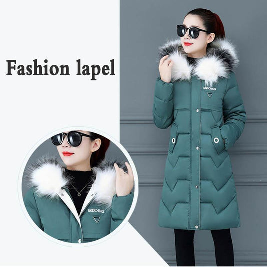 Down Padded Jacket Women's Mid-length Winter Clothes Korean Style Slim and Thin Big Fur Collar Thick Padded Jacket