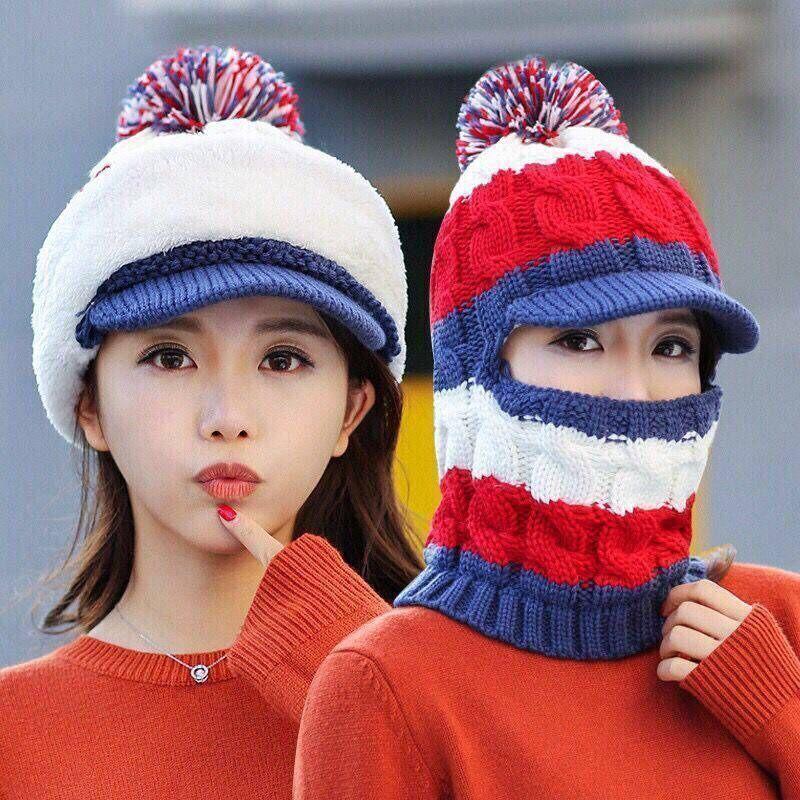 Autumn and Winter New Women's Cotton Hat Knitted Hat Warm and Velvet Thick Woolen Hat Windproof Cycling One-piece Hat