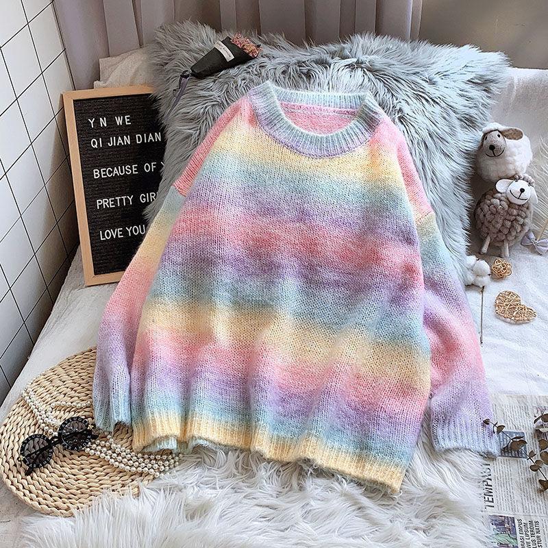 Autumn  Winter  Rainbow Sweater Slimming Women's  Loose Outer Wear Cocoon Casual Long-sleeved Sweater Top