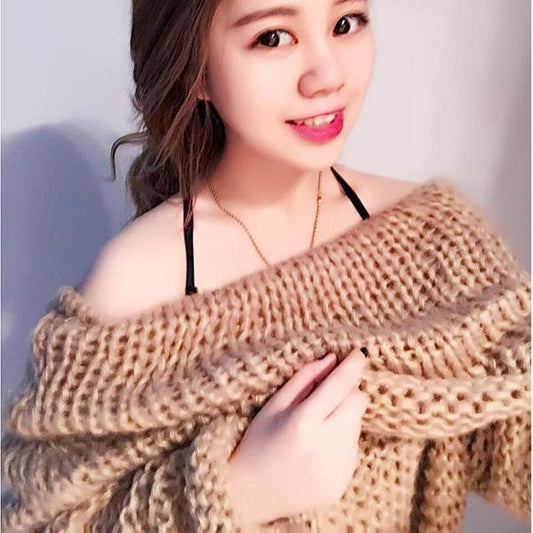 Spring and Autumn Sexy One-shoulder Blouse Lantern Sleeve Thick Wool Sweater Plus Size Pullover Loose Coat