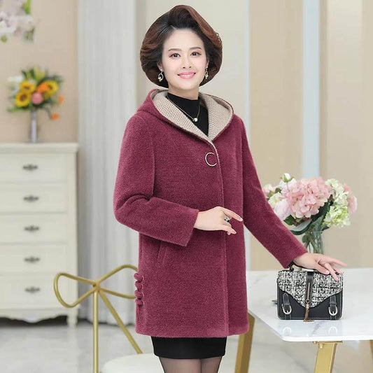 Mother Wear Autumn and Winter Mink Velvet Coat Western Style Mid-length Middle-aged and Elderly Coat with Hood