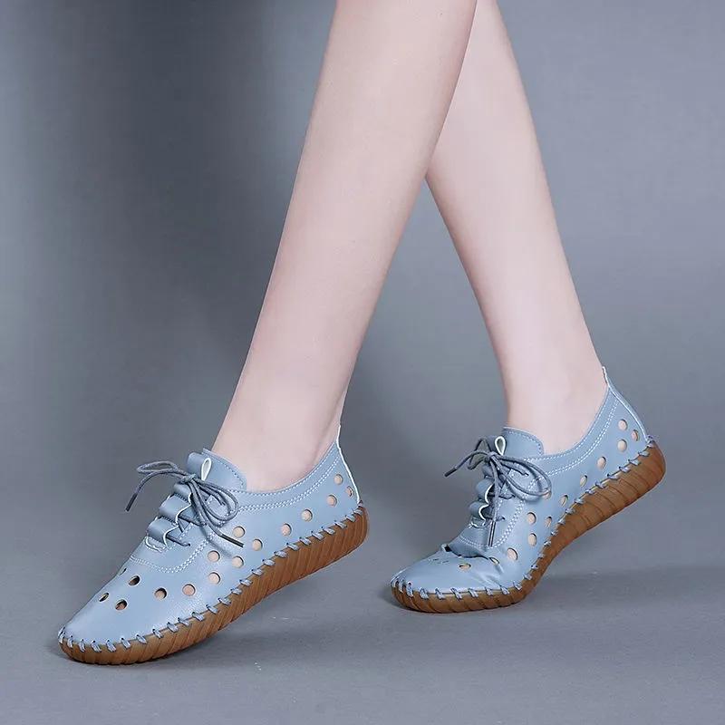 Women's Summer Soft Leather Hollow Shoes Hole Shoes Tendon Bottom Sandals Flat Casual Shoes Soft Bottom Comfortable Mother Shoes