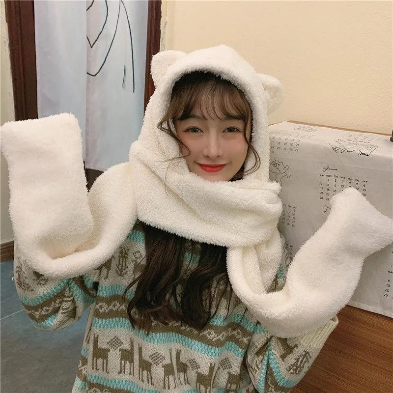 Women's All-match Cute Autumn and Winter Warm Hat Double-layer Thickening One-piece Three-purpose Hat Bear Ears Scarf Gloves Fleece Warm Caps Set