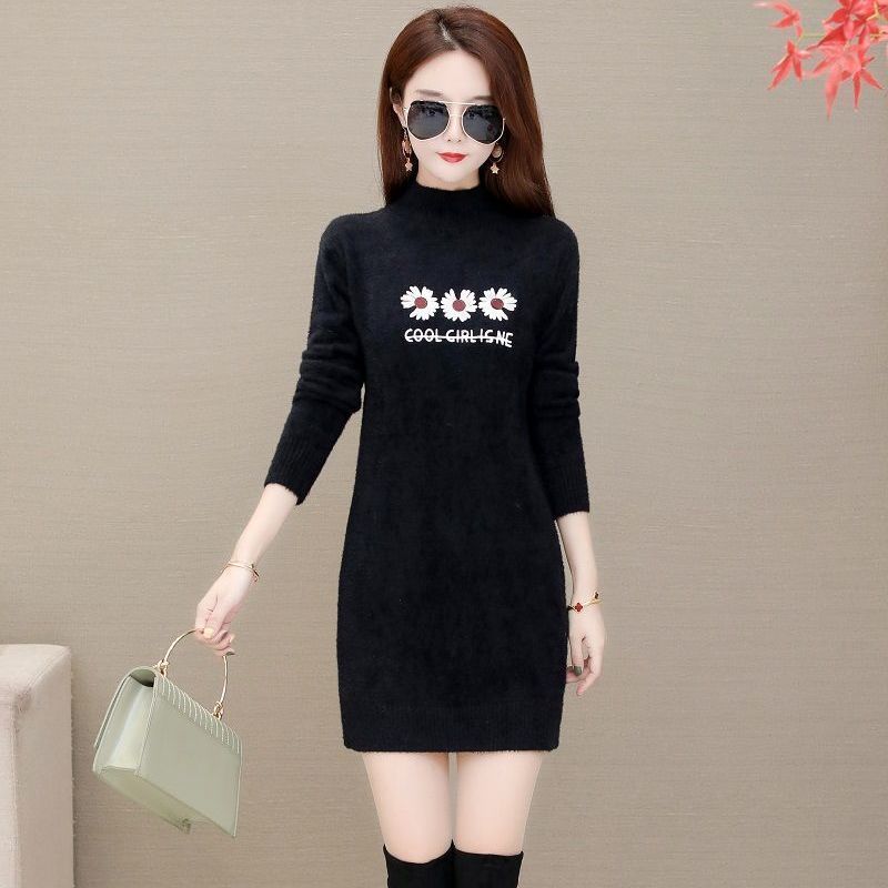 Autumn and Winter Mohair Knitted Sweater Half High Neck Thick Loose Bottoming Shirt Mid-length Casual Women Sweater Dress