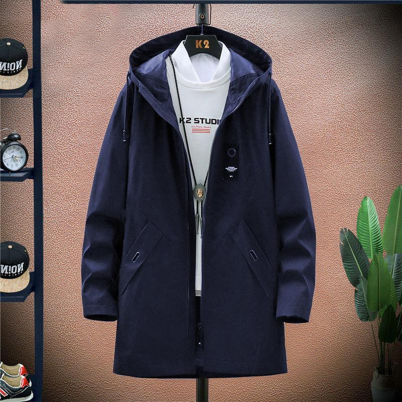 Spring & Fall Men Jacket Long Hooded Coat Casual Loose Windbreaker Solid Color Trend Parka for Youth