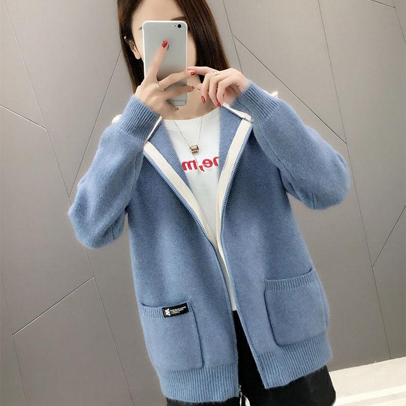 Autumn and Winter Cardigan Hooded Coat Loose Contrast Color Knitted Sweater Zipper Casual Women's Top