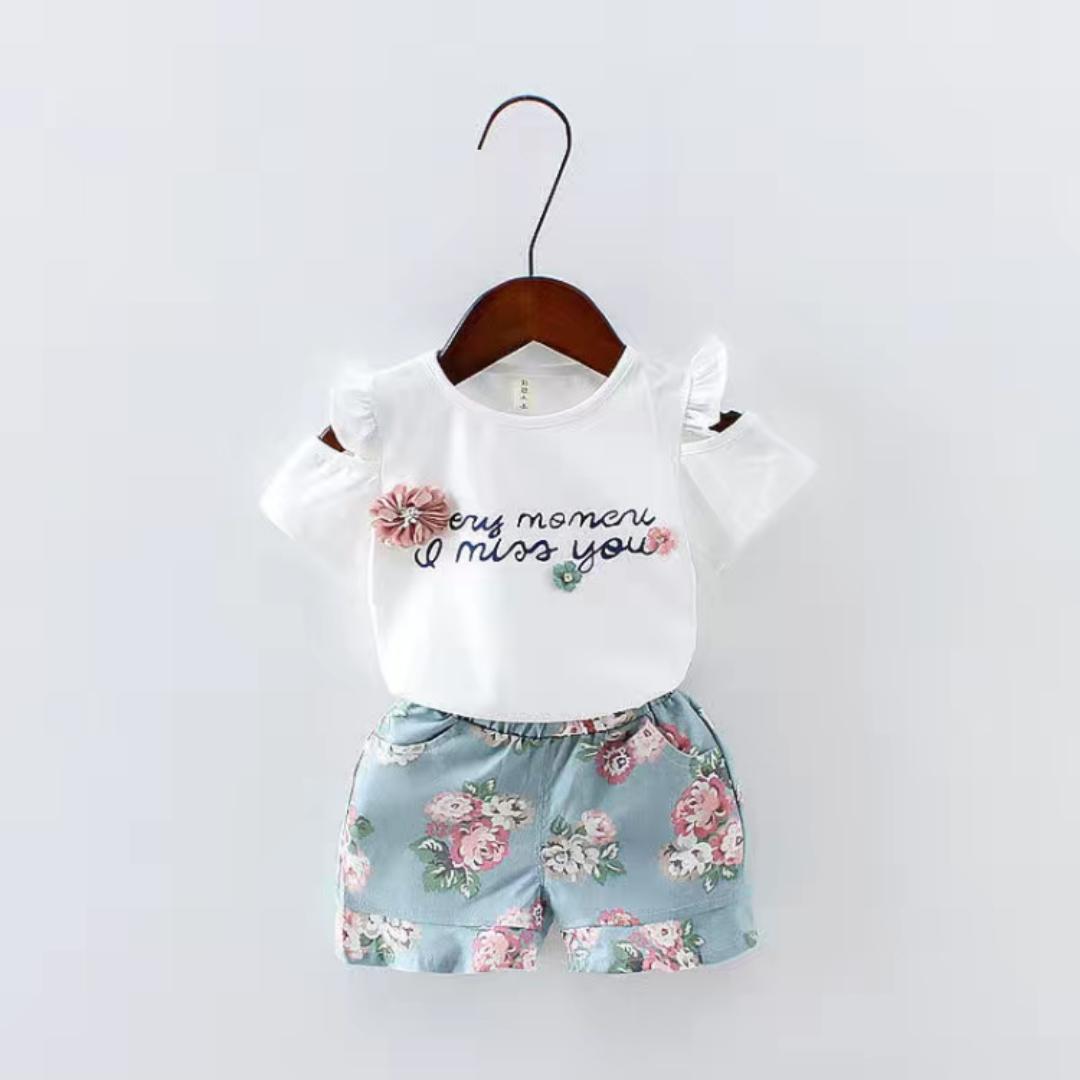 2PCS Children Clothing Set Spring Summer Girls Suits Printing Short Sleeve Tops + Pants Clothing Set