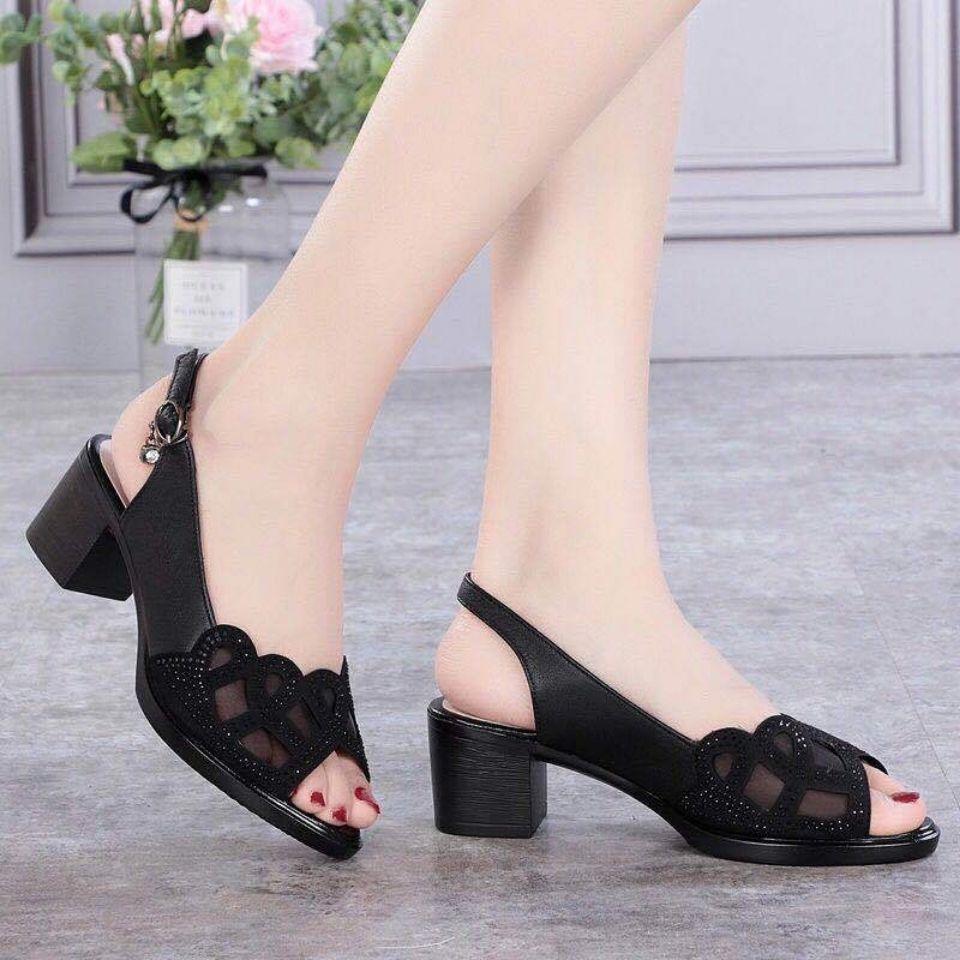 Women's Shoes Sandals Real Soft Leather Mesh Fish Mouth Thick Heel Mid-high Heel Hollow Soft Sole Mesh Buckle Sandals Women