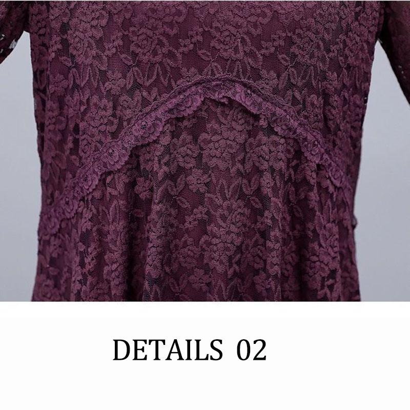 Women Solid Color Lace Long Sleeve V-neck Dress Spring and Autumn Large Size Loose Knee-length Size M-XXXXXL