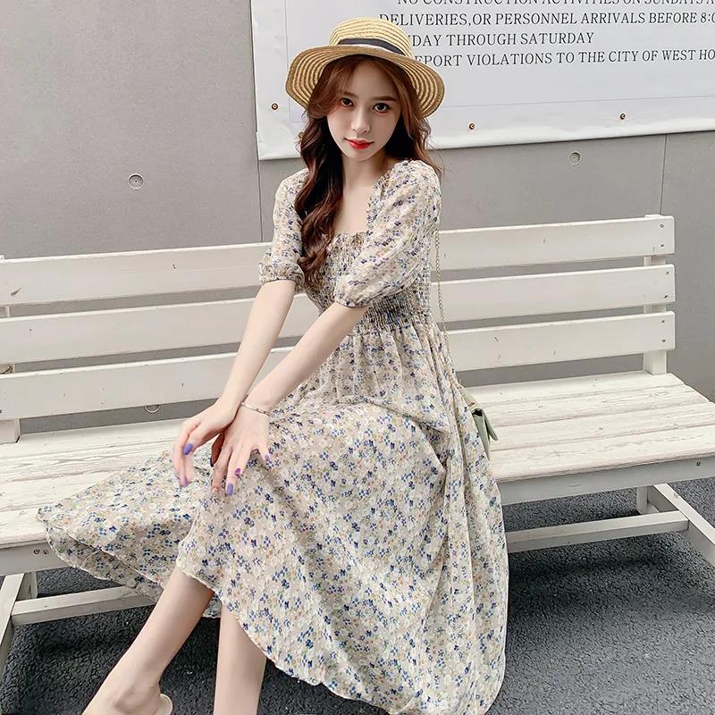 Female Vintage High Waist Super Fairy Holiday Dress Elegant Slim Little Fresh Chiffon Floral Print Dress