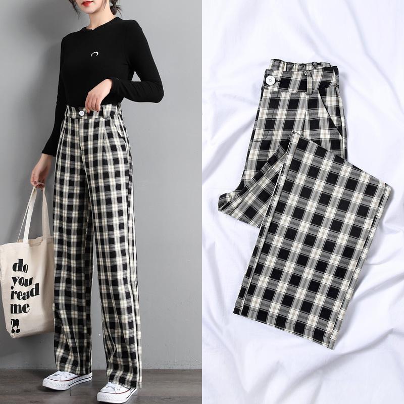 WTEMPO Women's Wide-leg Pants Black and White Grid Houndstooth Super Long Mid-waist  Straight Loose Casual Daily