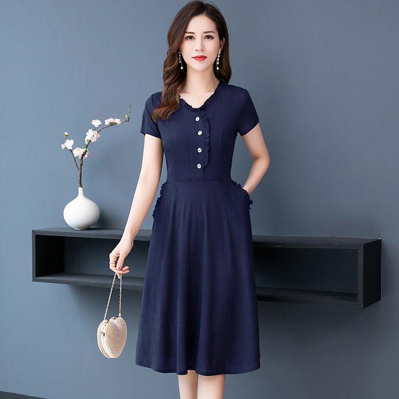 Short Sleeve Western Style Large Size Emperament Mother Dress Mid-length Spring Dress Middle-aged Women