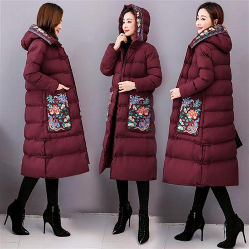 Women's Winter Retro Padded Down Jacket Hooded Down Jacket with Warm Stand-up Collar Women's Solid Color Long Down Jacket  Quilted Coat