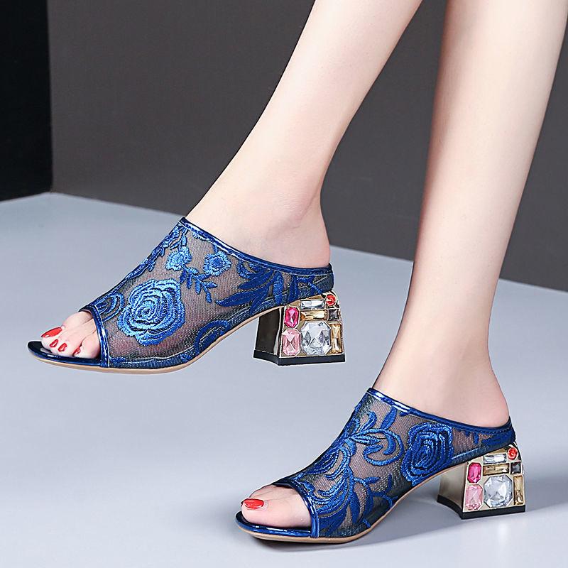 Slippers, Women's Summer Ethnic Style, Fashion Rhinestone Thick-heeled Large Size Sandals and Slippers, Mid-heel Embroidered Shoes